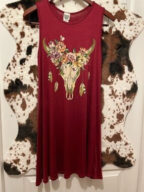 Western Boho Sleeveless Floral Bull Skull Mini Dress - Burgundy